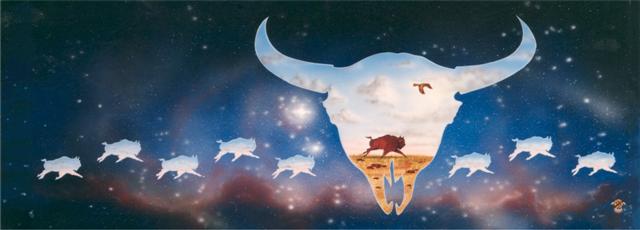 The near extinction of the American Bison by the white man is depicted by the spirit buffalo's and the skull.  The Buffalo inside the skull and protected by the Golden Eagle celebrates the resurgence of the American Bison.
